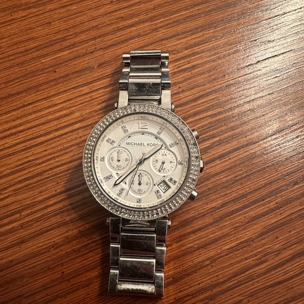 Michael Kors Silver Chronograph Watch with Crystal Details